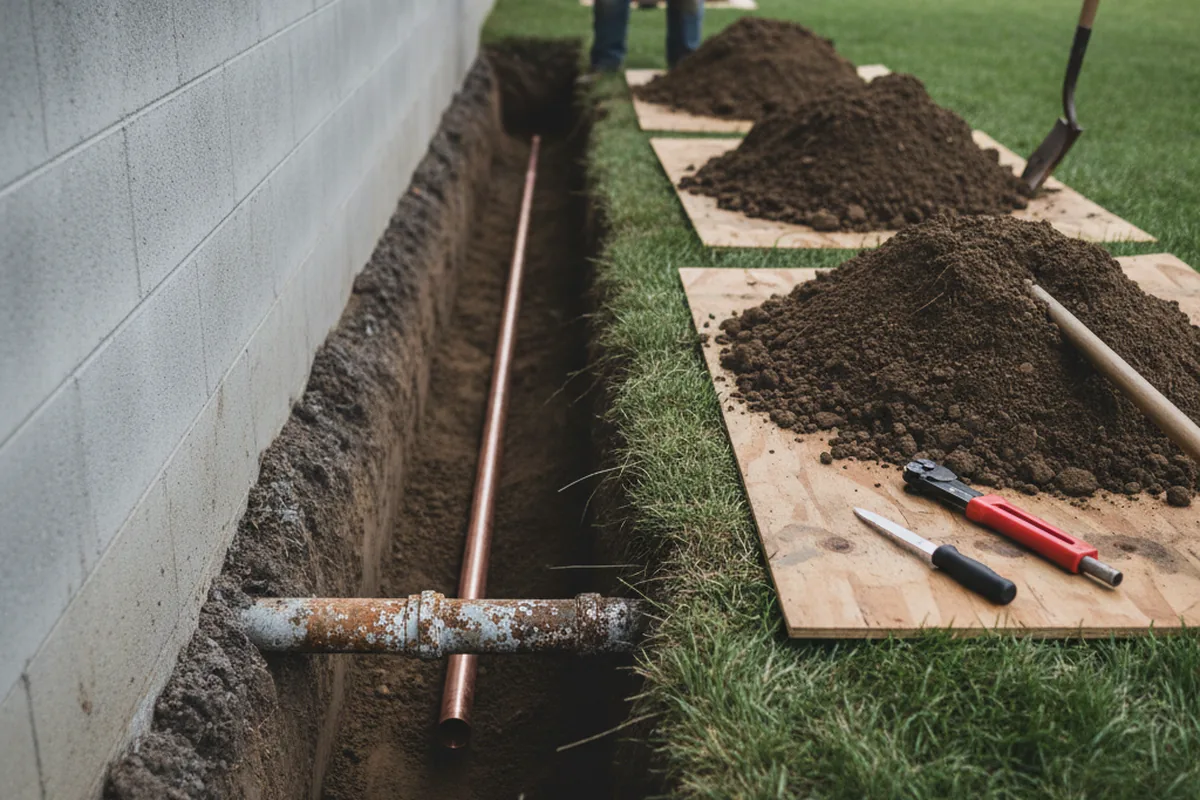Excavated water line trench during Water Softener Installation in Warrenville
